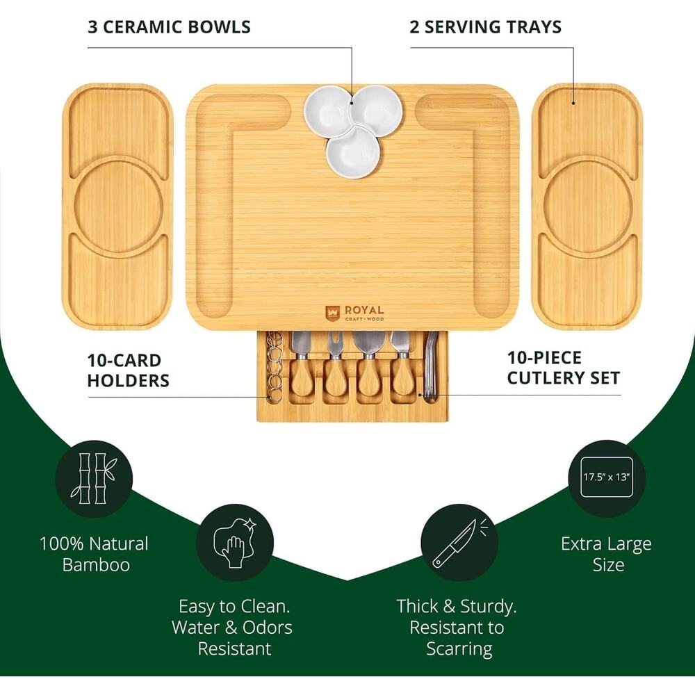 ROYAL CRAFT WOOD Bamboo Cheese Board and Knife Set with Charcuterie Board & Serv - Picture 3 of 6